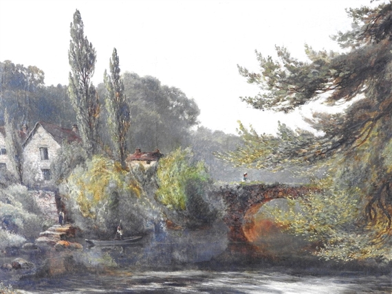 Riverside house beside a bridge by Albert Edmund Gyngell, 1877