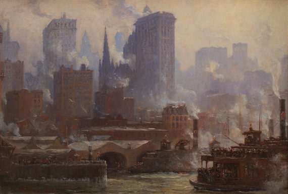 THE WALL STREET FERRY SLIP (THE FERRIES, NEW YORK) by Colin Campbell Cooper, 1907