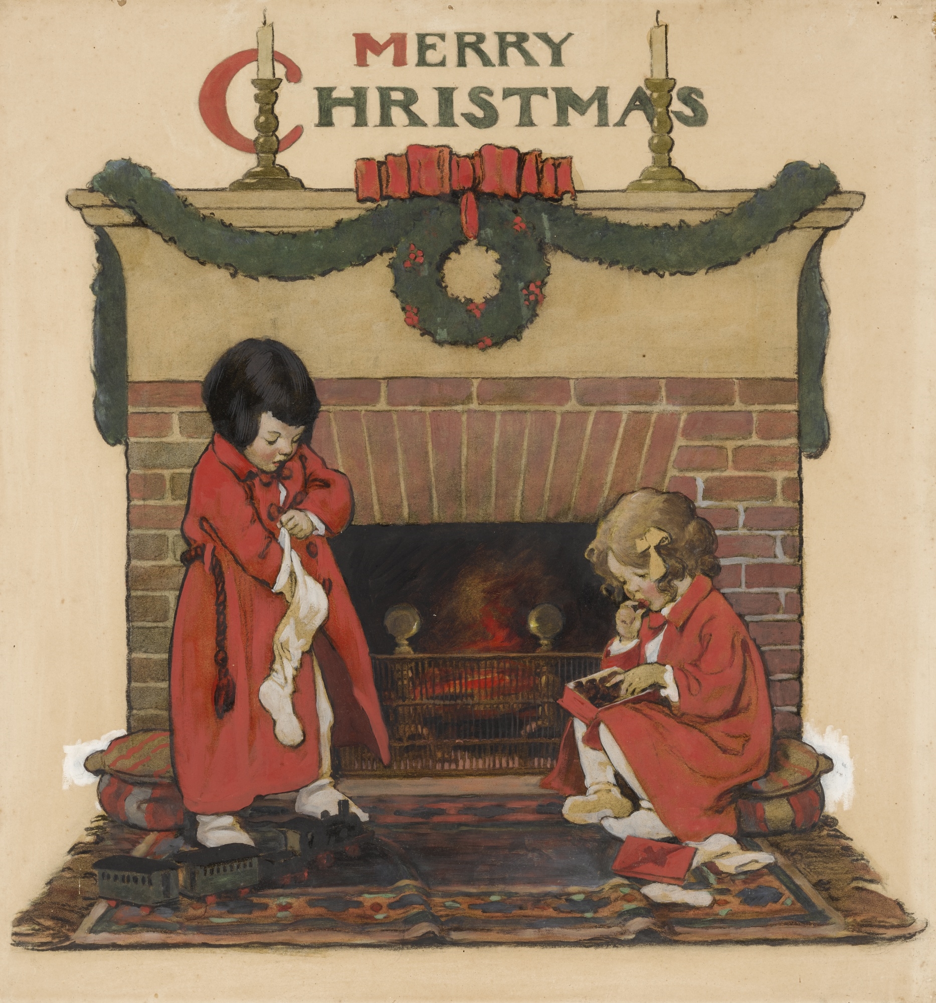 Artwork by Jessie Willcox Smith, MERRY CHRISTMAS: TWO CHILDREN BEFORE THE FIREPLACE, Made of mixed media on paperboard