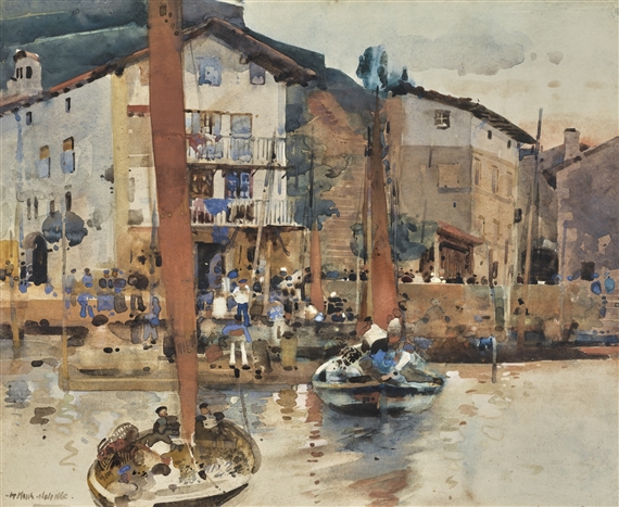 A SPANISH FISHING VILLAGE, THE HARBOUR AT PUERTA DE PASAJES by Arthur Melville