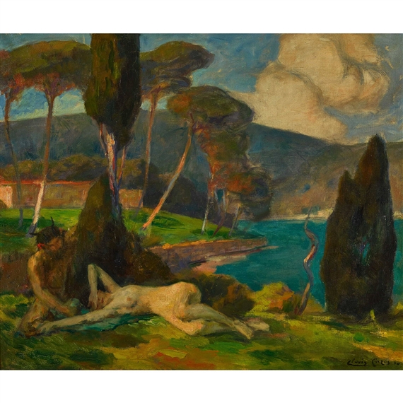 Faune et baigneuse. by Clovis Cazes, 1910