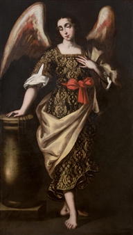 2 Works: Pareja de Angeles con Símbolos de la Pasión - Colonial School, 17th Century