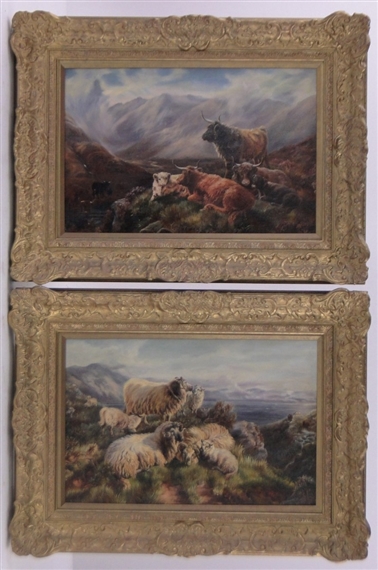 2 works: Flock of Sheep on a Hilltop and Highland Cattle in a Misty Landscape - D. Wyllie