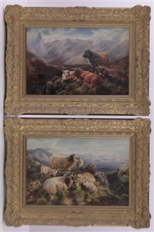 2 works: Flock of Sheep on a Hilltop and Highland Cattle in a Misty Landscape - D. Wyllie