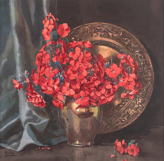 A vibrant still life featuring a bouquet of red poppies in a metallic vase against a dark backdrop.