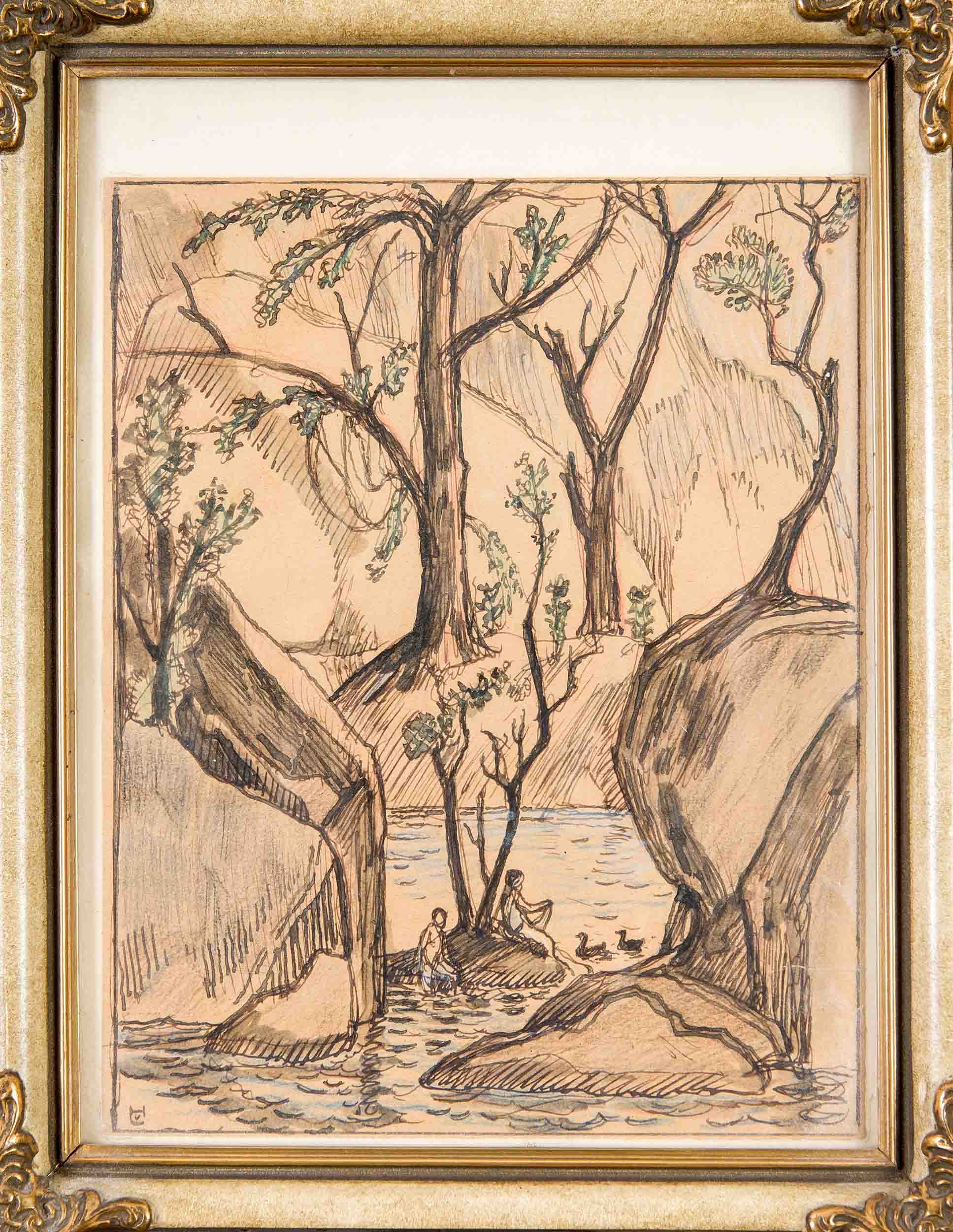 Artwork by Ludwig von Hofmann, Badende in einer felsigen Bucht, Made of water colored pen drawing on paper