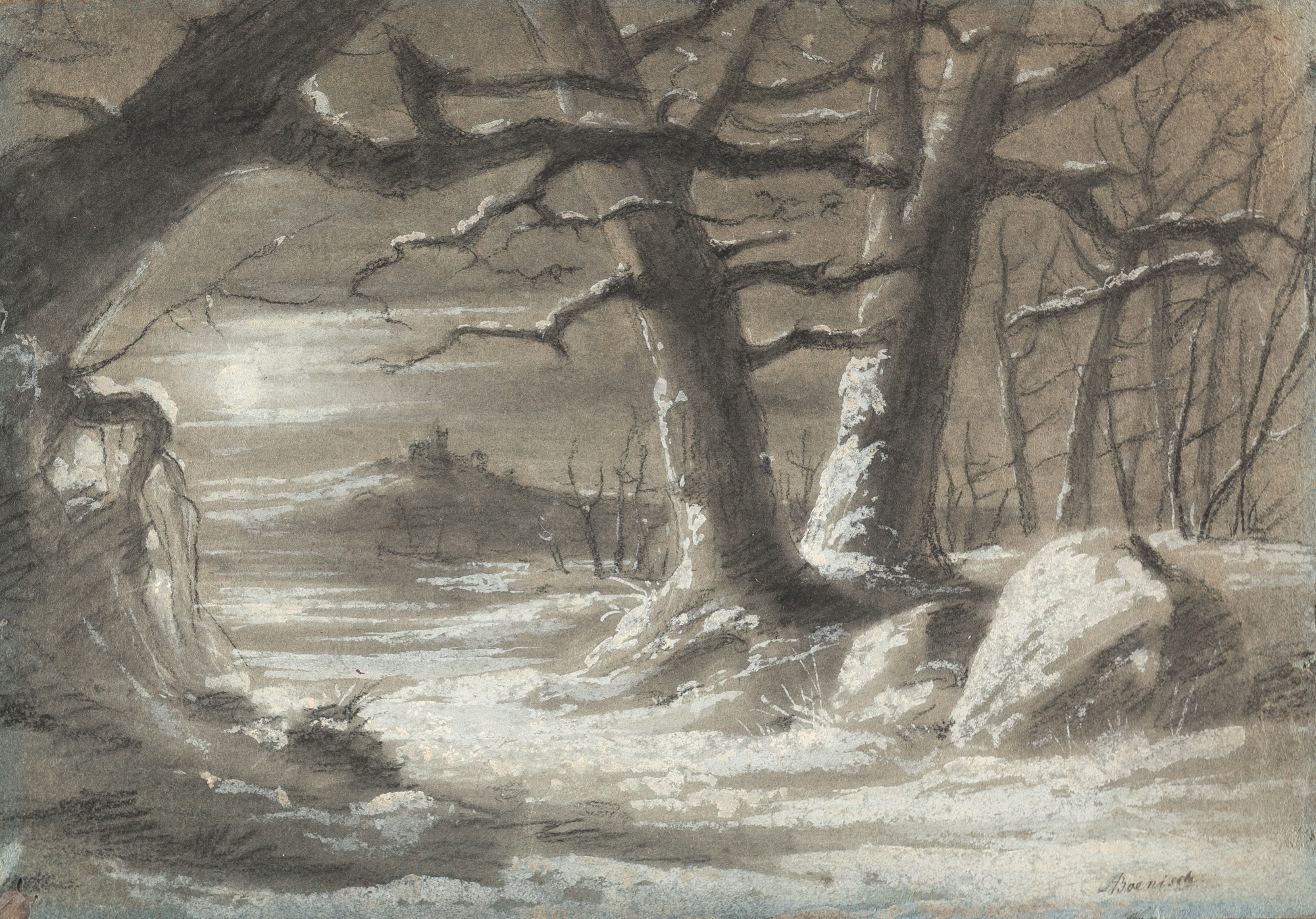 Artwork by Gustav Adolf Boenisch, Winterlandschaft bei Mondschein, Made of black chalk, white highlights on vellum