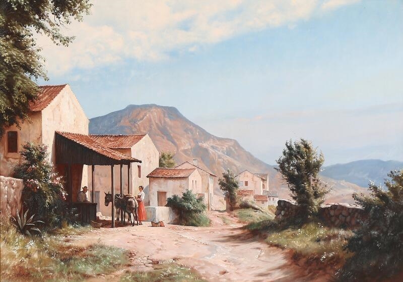 View from an Italian mountain village, with a couple and a donkey by Niels Walseth