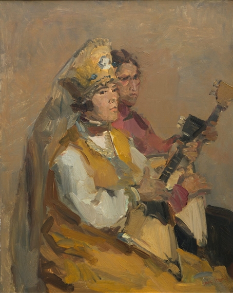 A loose oil painting of a bride and musician in warm earth tones.