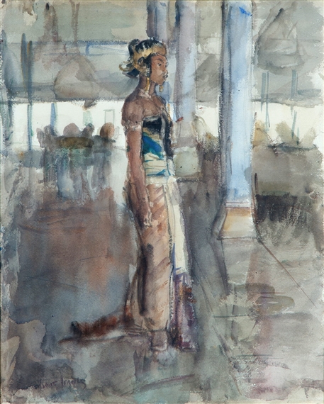 A watercolor sketch of a woman in a dress standing in a softly lit interior space.