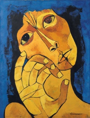 Cabeza de mujer, fondo azul by Oswaldo Guayasamín, 1982