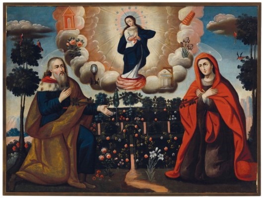 Artwork by South American School, 18th Century, The Virgin Mary as the Immaculate Conception with her parents St. Joaquim and St. Ann, Made of oil on canvas