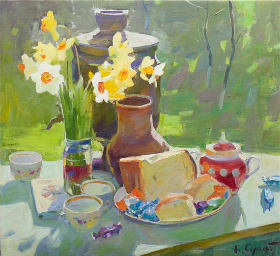 Sergey Kovalenko | STILL LIFE WITH DAFFODILS, CERAMICS AND CHEESE ...