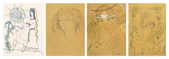 4 works: Young Georgian woman with a fawn; and three drawings of women with mythological beasts