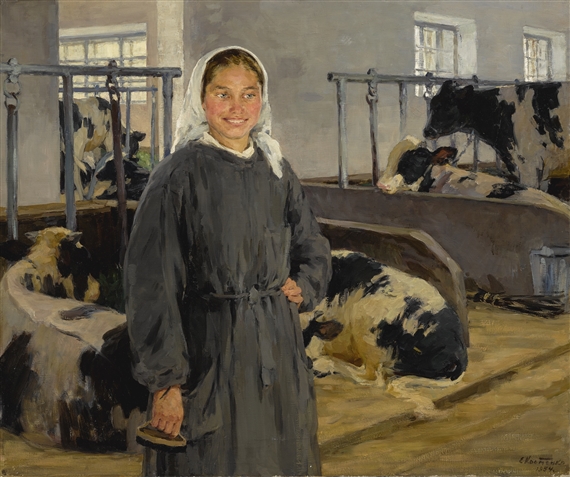 PORTRAIT OF A MILKMAID by Elena Mikhailovna Kostenko, 1954