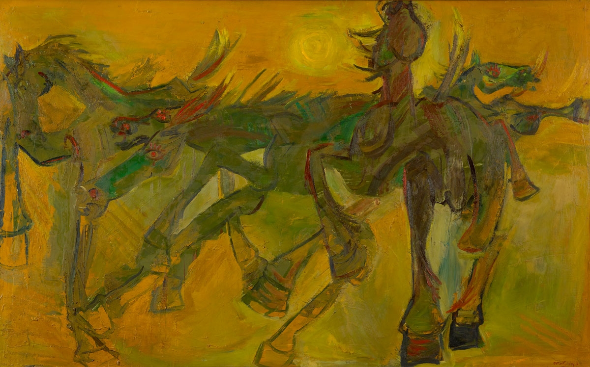 Artwork by Jon Molvig, The Brumbies, Made of oil and wax on composition board