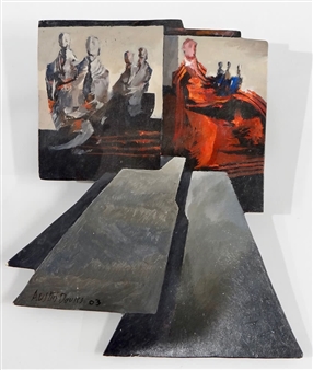 A layered composition of abstract figures and textured panels.