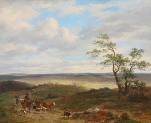 Landscape with a farmer returning from the market by Lodewijk de Maertelaere