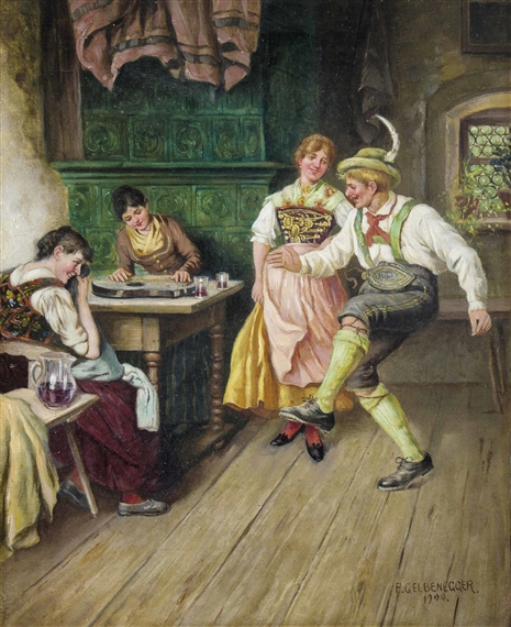 Zitherspielerin und Tanzpaar in der Stube by Franz Gelbenegger, 1900