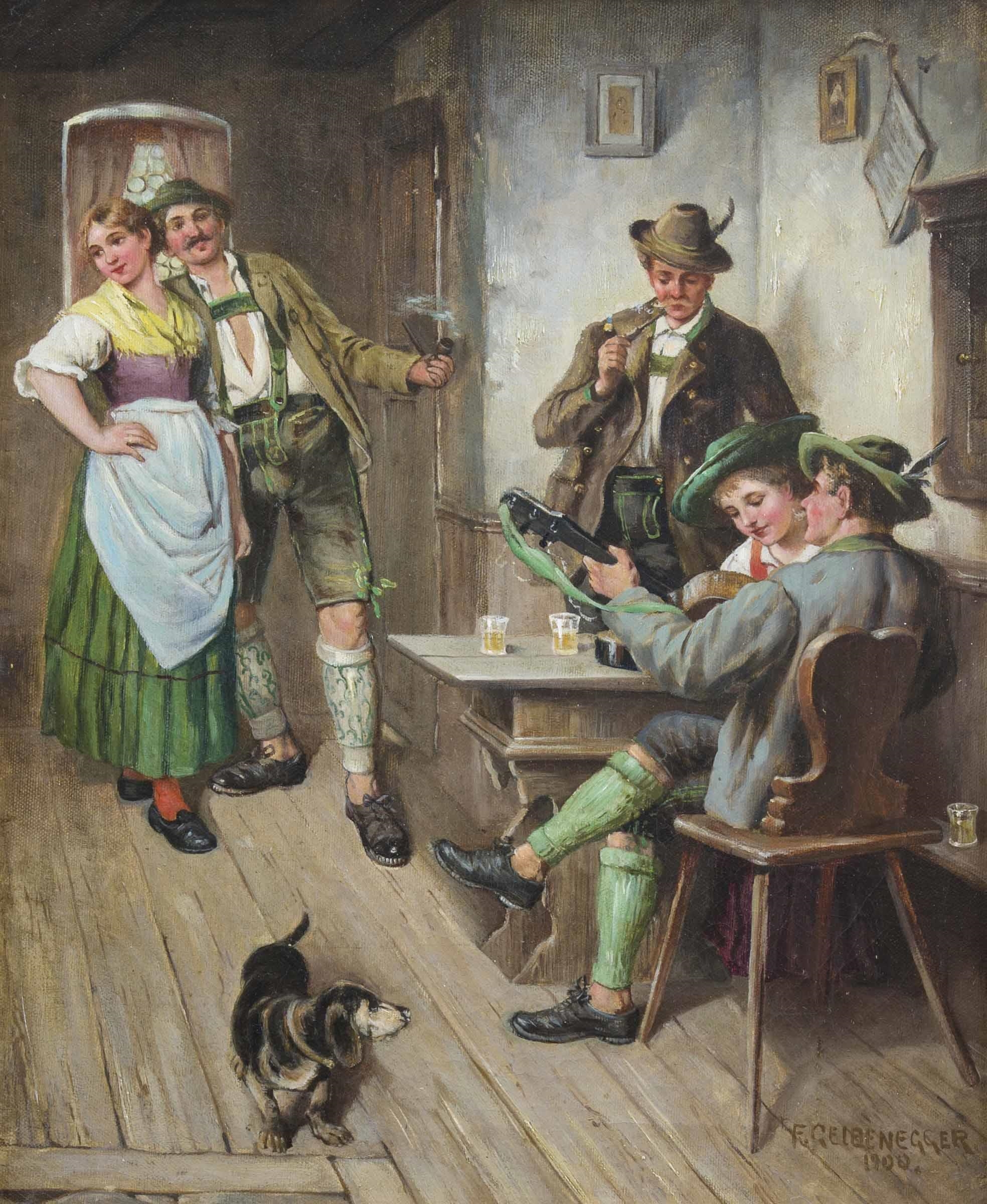 Artwork by Franz Gelbenegger, Hausmusik und Liebespaar in der Stube, Made of Oil on canvas