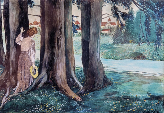 An Baumstämmen angelehnte Frau mit Blick auf Klosteranlage by Otto Lendecke, 1916