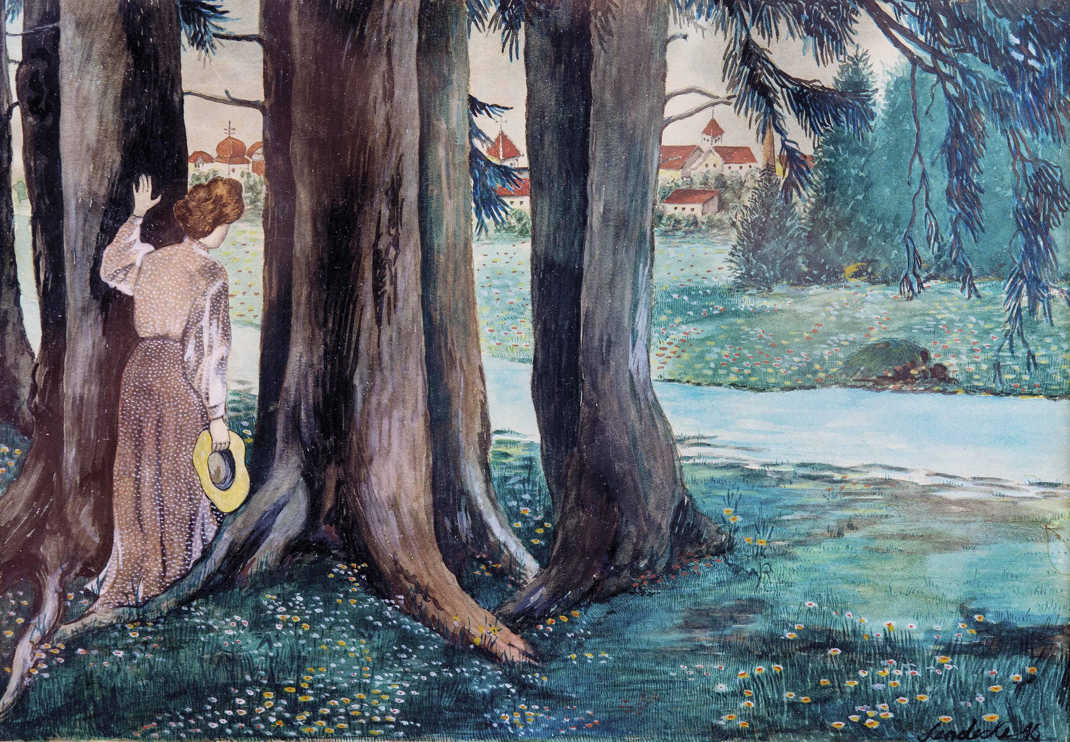 Artwork by Otto Lendecke, An Baumstämmen angelehnte Frau mit Blick auf Klosteranlage, Made of Gouache on paper