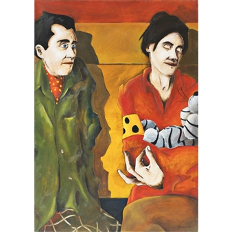 A surreal painting of two figures in a vibrant, warm-toned composition.
