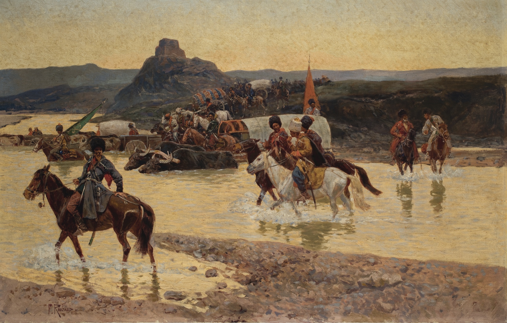 Artwork by Frants Alekseevich Rubo, CIRCASSIANS FORDING A RIVER, Made of oil on canvas