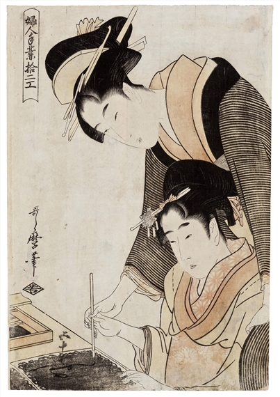 Lady guiding the hand of a student holding a brush by Kitagawa Utamaro