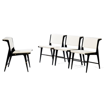 A set of eight chairs, black lacquered wood structure, later white cotton upholstery - Ezio Minotti