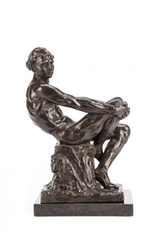 A bronze sculpture of a seated figure in a dynamic pose, resting on a tree stump base.