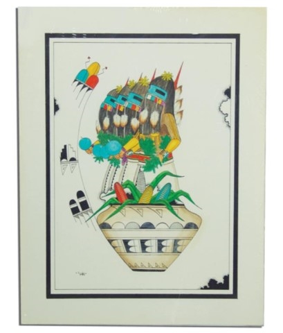 Sumatzkuku Edgar Longhair Kachinas Above A Pottery Jar Filled