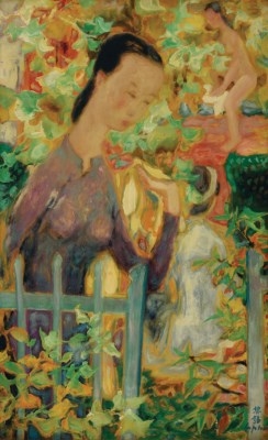 Artwork by Lê Phổ, Ladies in the Garden, Made of mixed media on silk laid on board