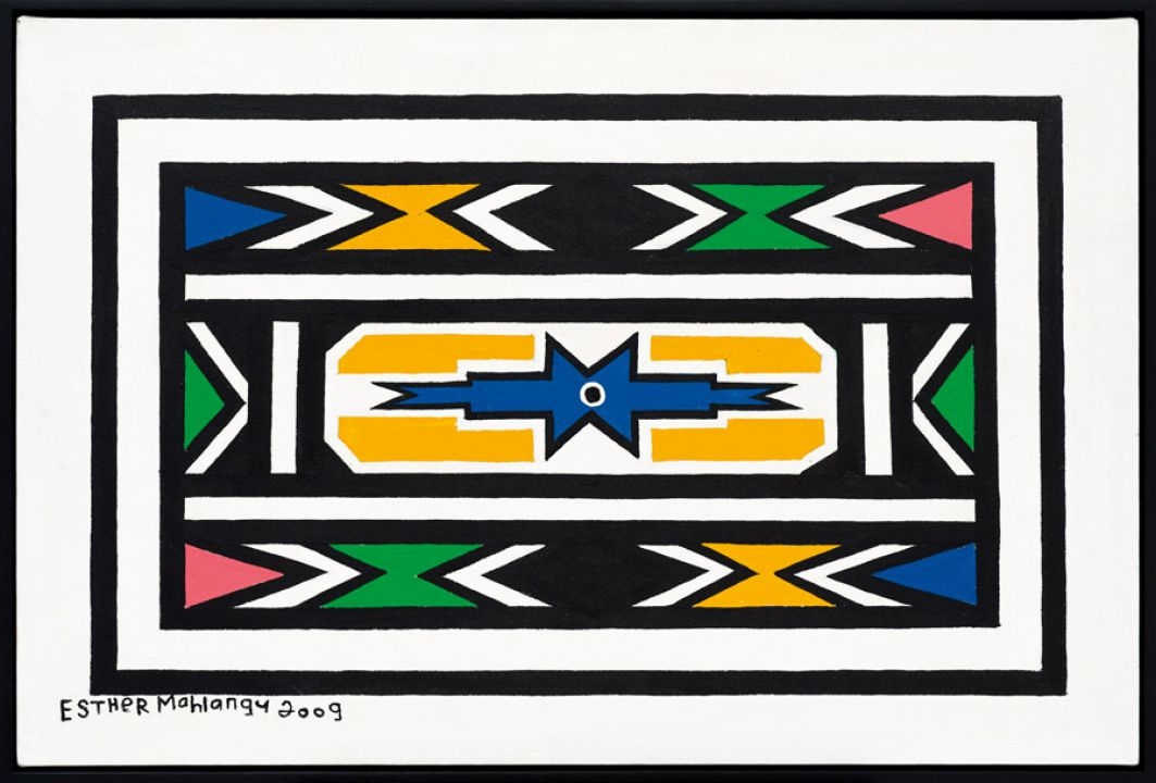 Artwork by Esther Mahlangu, Ndebele Patterns, Made of acrylic on canvas