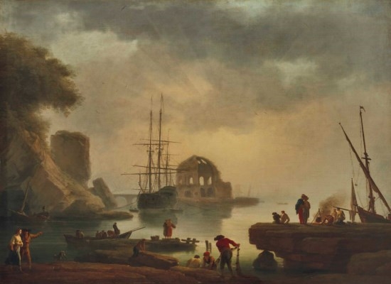 A Mediterranean Harbour at the Sunrise with Minerva Medica's Temple by Claude-Joseph Vernet, 1743