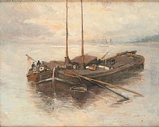 Péniches au coucher du soleil by Ernest Betigny