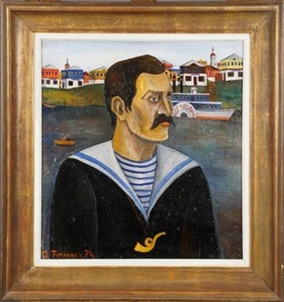 A portrait of a man in a sailor's uniform with a mustache, set against a coastal town background.