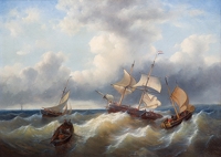 Ships in a choppy sea by Georg Willem Opdenhoff