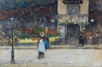 Figures strolling near a bazar