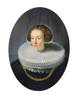 Portrait of Petronella Buys (1610-1670), bust-length, in a brocaded black gown, bobin lace-trimmed double cartwheel ruff and pearled diadem cap - Rembrandt van Rijn