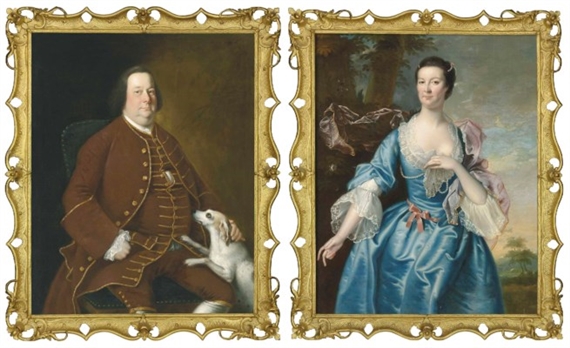 Portrait of a gentleman, seated three-quarter-length, in a brown coat and breeches, with a dog; and Portrait of a lady, three-quarter-length, in a blue dress and lace collar and cuffs, standing in a landscape by Joseph Wright of Derby