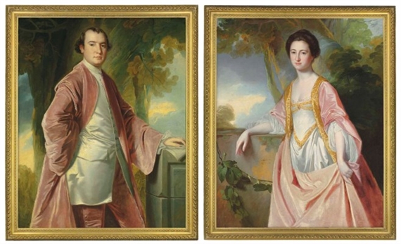 Portrait of William Salmond (1737-1779), three-quarter-length, in the robes of office of a member of the Island Council of Antigua, his left hand resting on an architectural drawing, in a landscape; and Portrait of Jane Salmond, née Hasell (1745-1820), three-quarter-length, in an oyster satin dress and pink gown, in a landscape by George Romney, 1765