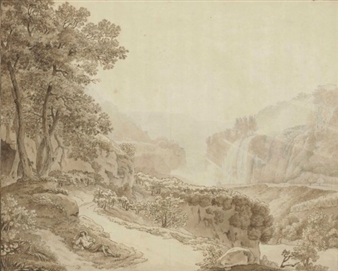 A rocky river landscape near Tivoli with a resting traveller in the foreground by Albert Christoph Dies, 1785
