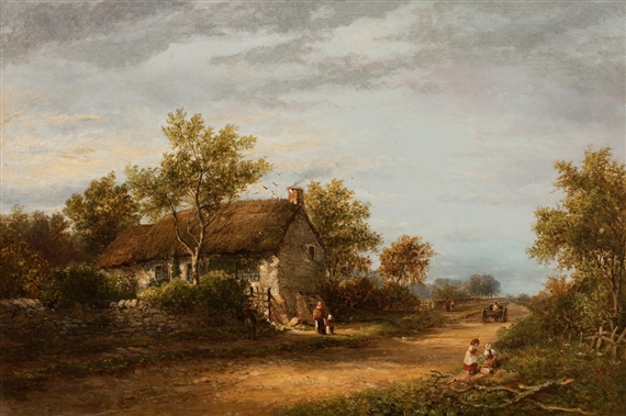 Figures by a cottage by Joseph Haslam Hawkesworth