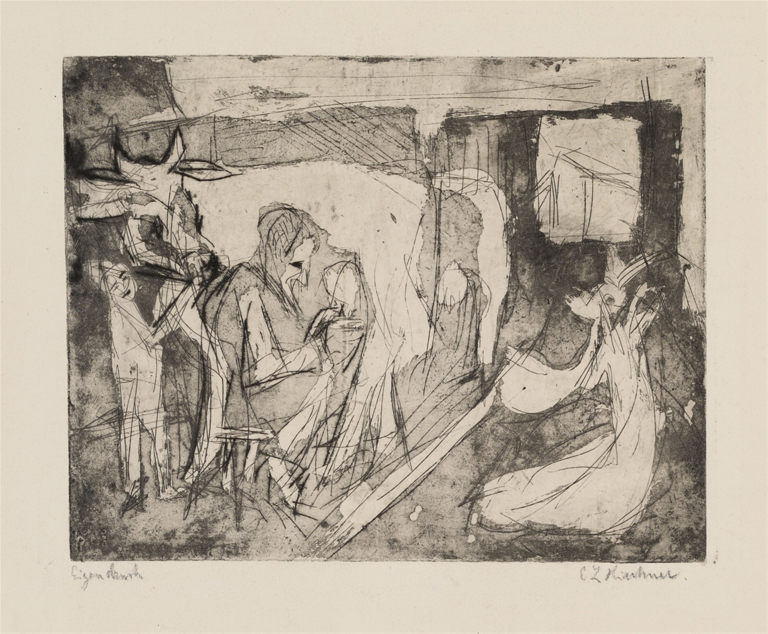 Artwork by Ernst Ludwig Kirchner, Melkender Bauer im Stall, Made of Etching on wove paper