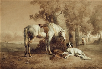 Landscape with a Saddled Horse and Hunting Dog - Henry Ingen