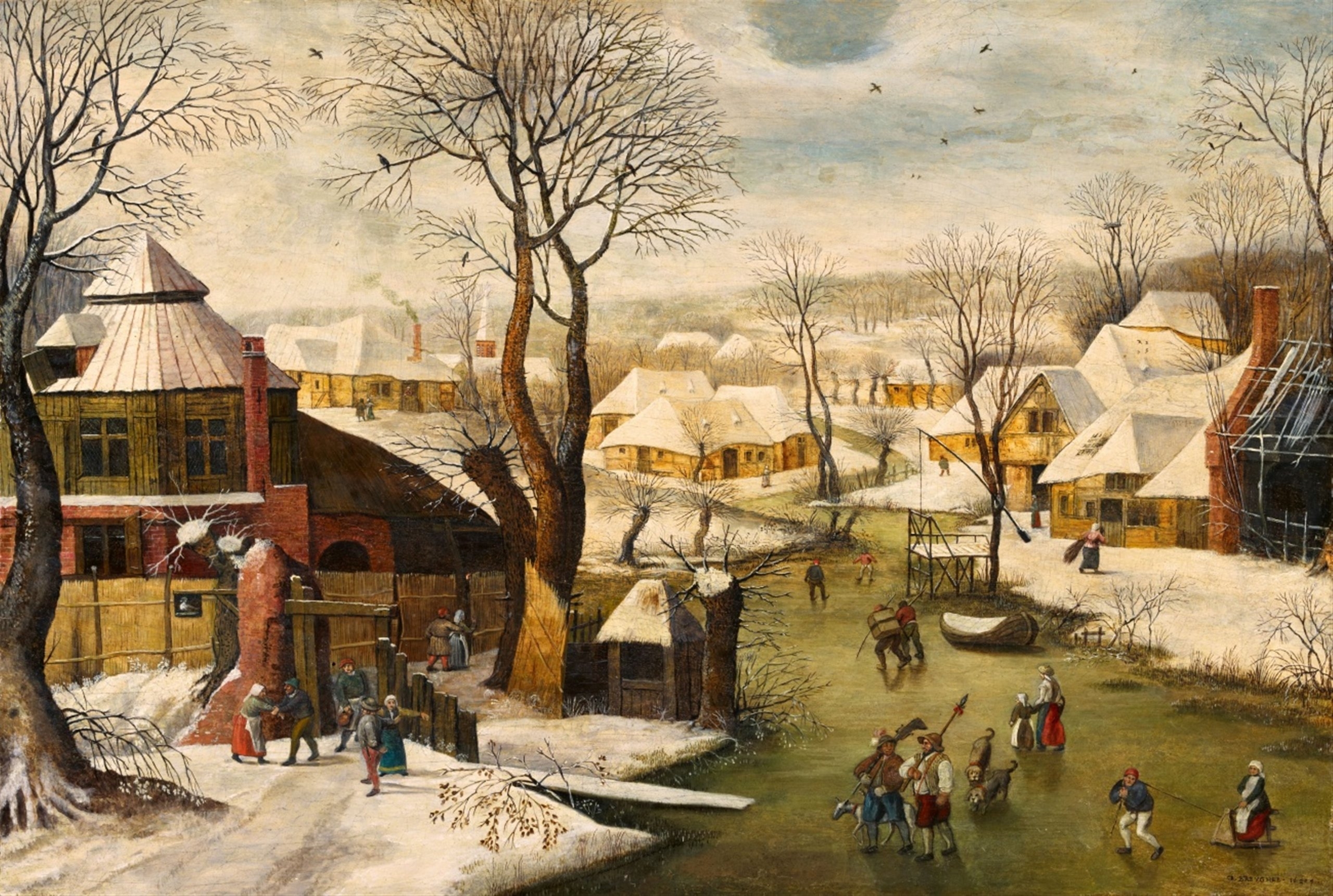 Winter Village Landscape with "The Swan" Tavern by Pieter Brueghel the Younger