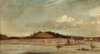 Singapore from the roadstead with Government Hill and flagstaff, Malay sampans and trading proas in the foreground - British School, 19th Century