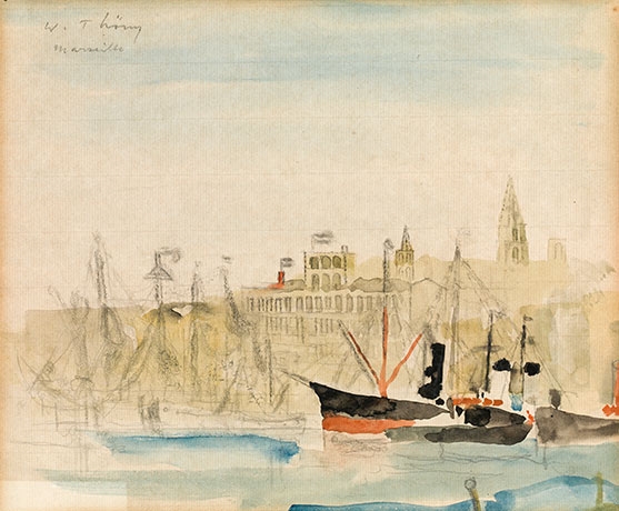 Artwork by Wilhelm Thöny, Harbour in Marseille, Made of watercolour, pencil on paper