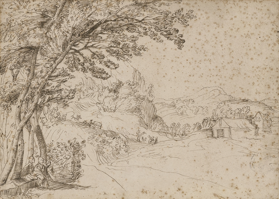 Artwork by Bolognese School, 17th Century, Baumbestandene Landschaft mit zwei Rastenden, Made of brown ink
